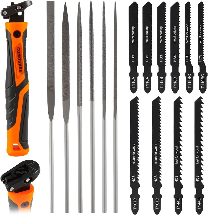 COMOWARE 17Pcs Handsaw & File Set with Blade Quick Change Mechanism, 10 Saw Blades & 6 Precision Files for Woodworking, DIY, Model Crafting, PVC/Metal Cutting Tools - Image 1